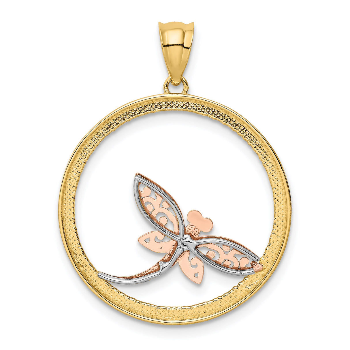 14k Two-Tone Gold Dragonfly Pendant with Filigree Rose Gold Design and Textured Circle