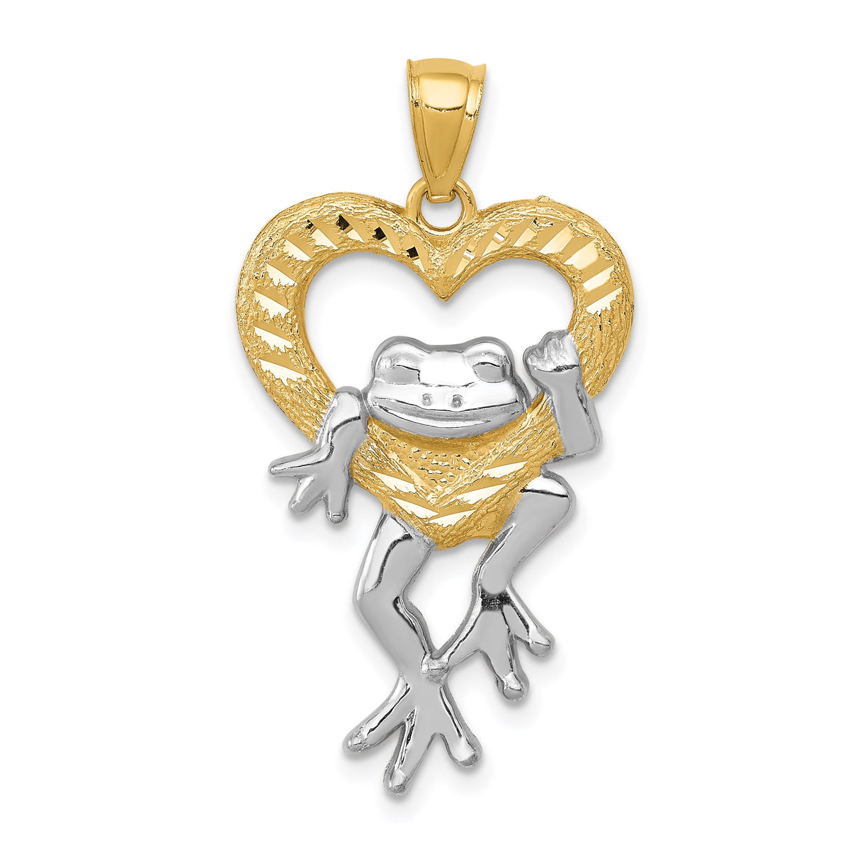 14k Yellow Gold and Rhodium Frog Heart Pendant, Two-Tone Textured Animal Charm