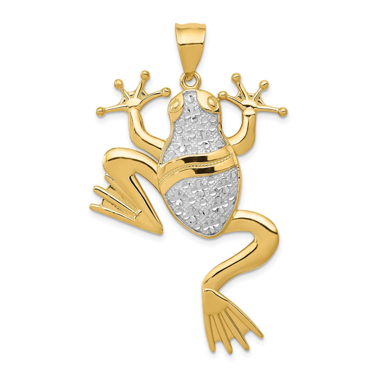 14k Two-Tone Gold Frog Pendant with Textured Rhodium Body and Polished Limbs