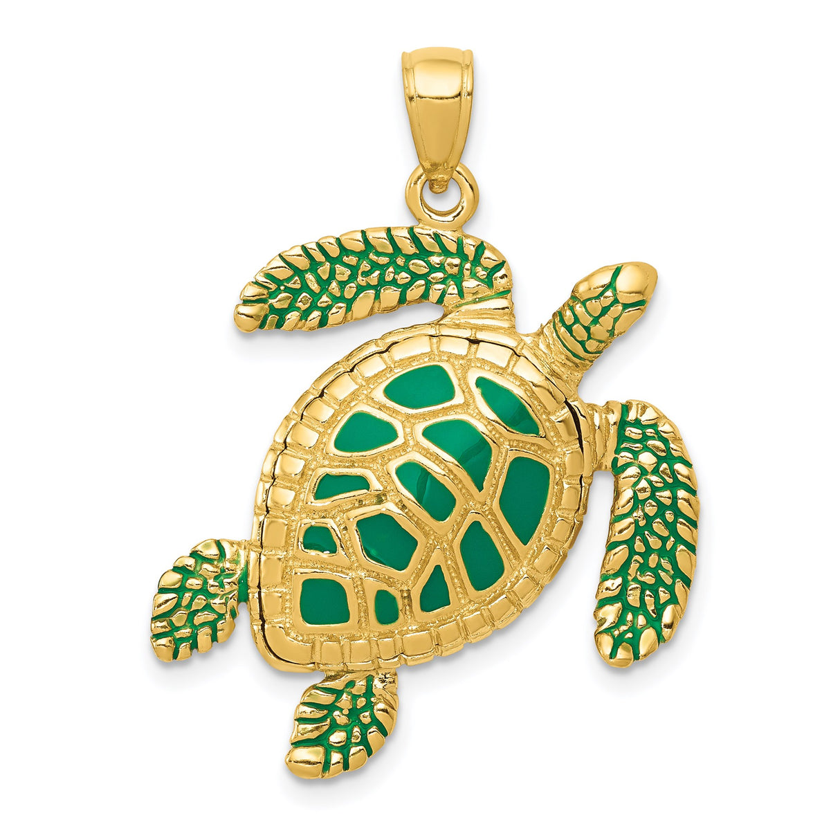 14k Yellow Gold Sea Turtle Pendant with Green Enamel, Ocean Theme Charm for Women or Unisex