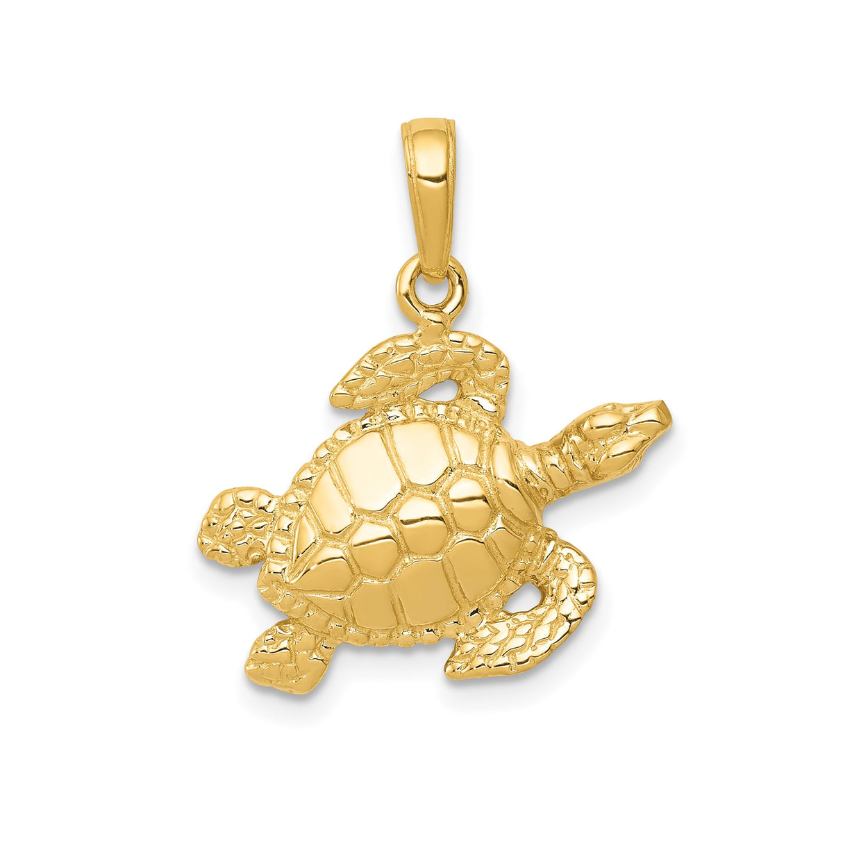 14k Yellow Gold Sea Turtle Pendant with Textured Shell and Detailed Flippers