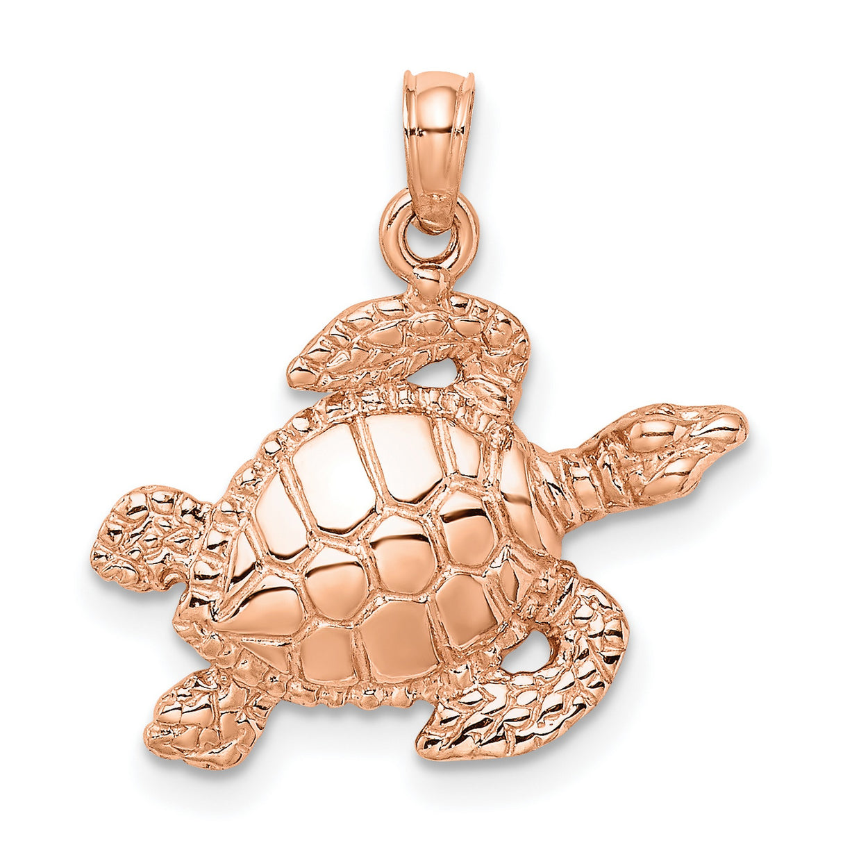 14k Rose Gold Sea Turtle Pendant with Textured Design, Nautical Ocean Theme Charm