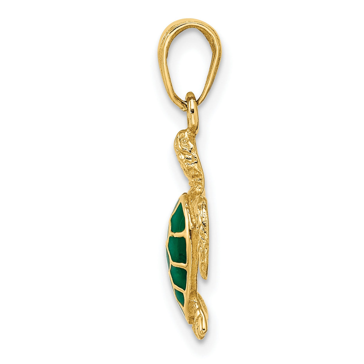 14k Yellow Gold Sea Turtle Pendant with Green Enamel Shell, Nautical Marine Animal Design