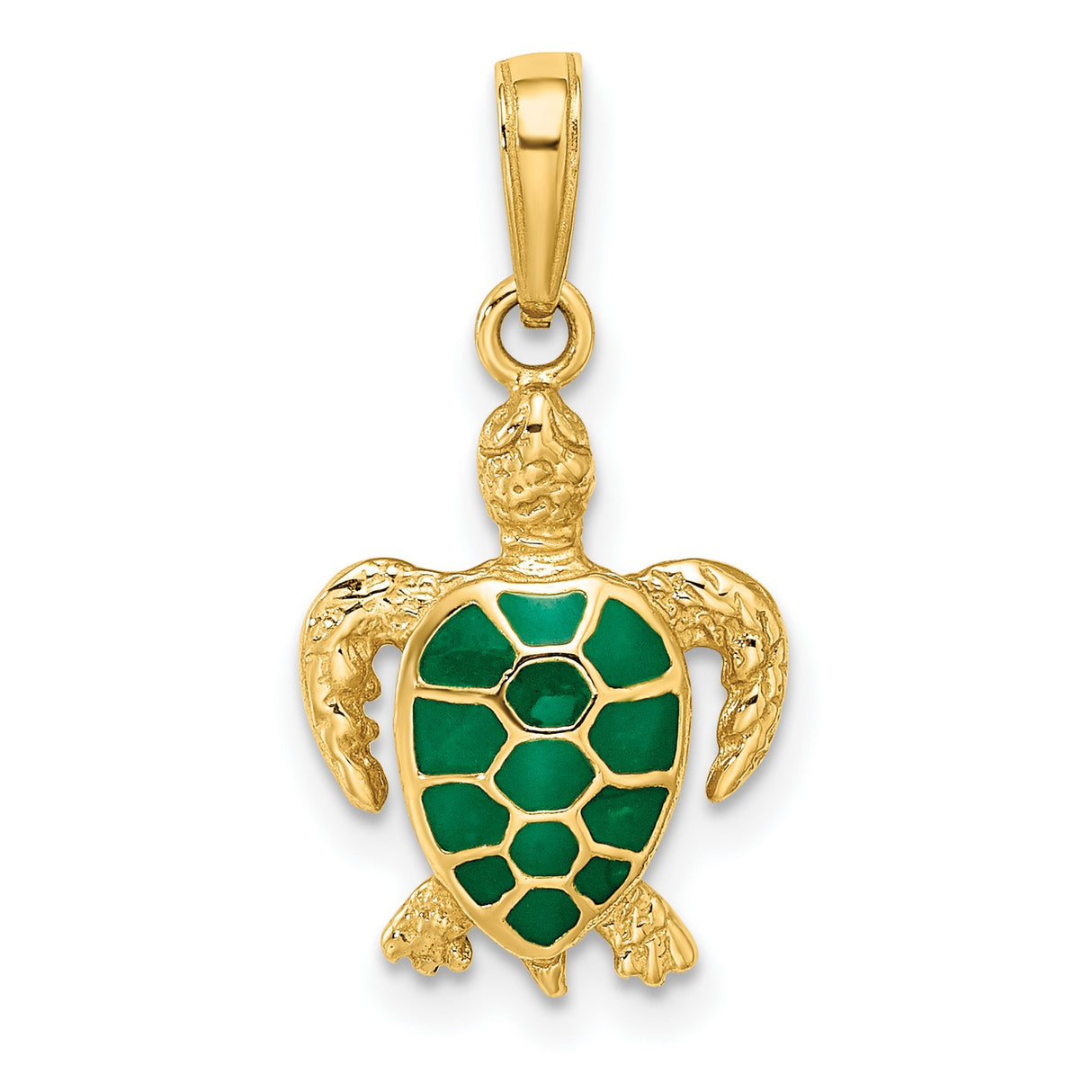 14k Yellow Gold Sea Turtle Pendant with Green Enamel Shell, Nautical Marine Animal Design