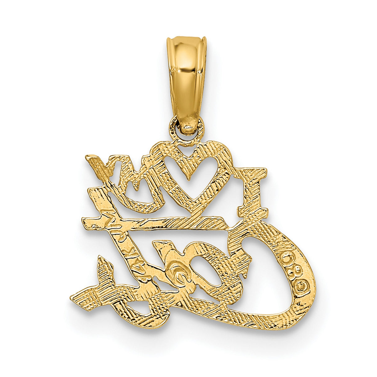 14k Yellow Gold Cat Pendant with Heart Symbol, Playful Script Font, Unisex Pet Lover Charm