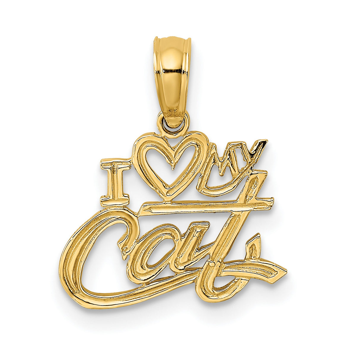 14k Yellow Gold Cat Pendant with Heart Symbol, Playful Script Font, Unisex Pet Lover Charm