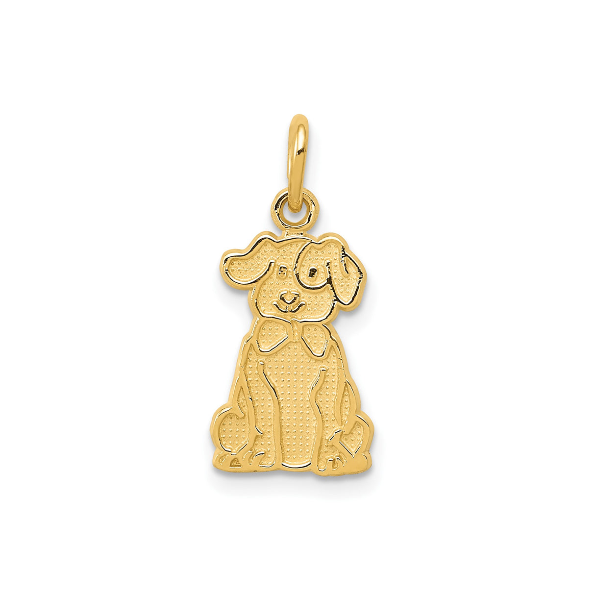 14k Yellow Gold Dog Pendant with Textured Cartoon Puppy and Bow Design