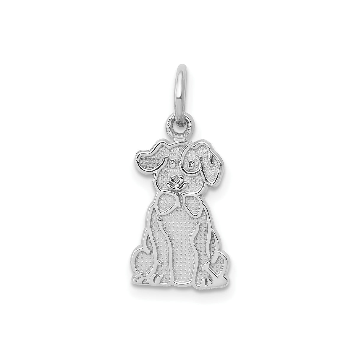 14k White Gold Dog Charm Pendant with Bow Tie Detail, Sitting Puppy Design