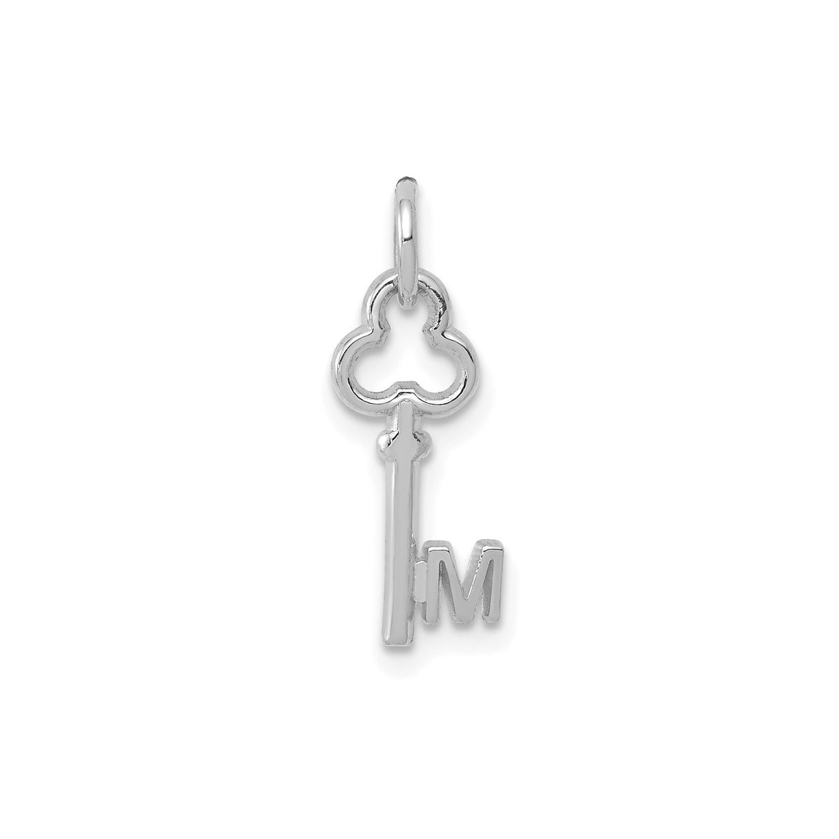 14k White Gold Key Pendant with Uppercase M Initial, Unisex Alphabet Charm