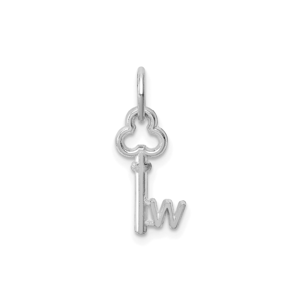 14k White Gold Key Pendant with Decorative Top and Letter W, Unisex Initial Charm
