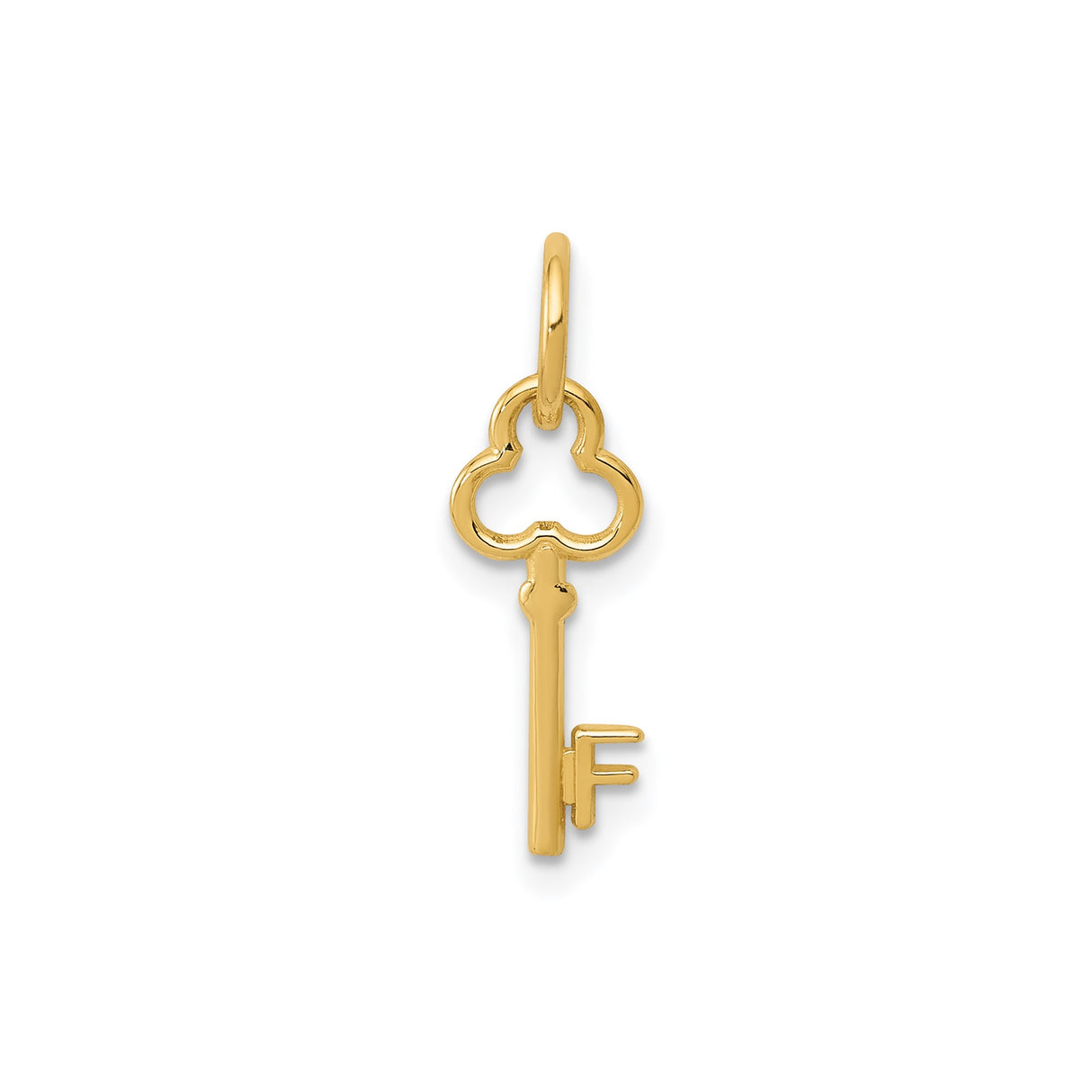 14k Yellow Gold Key Pendant with Clover Top and Letter F Alphabet Charm