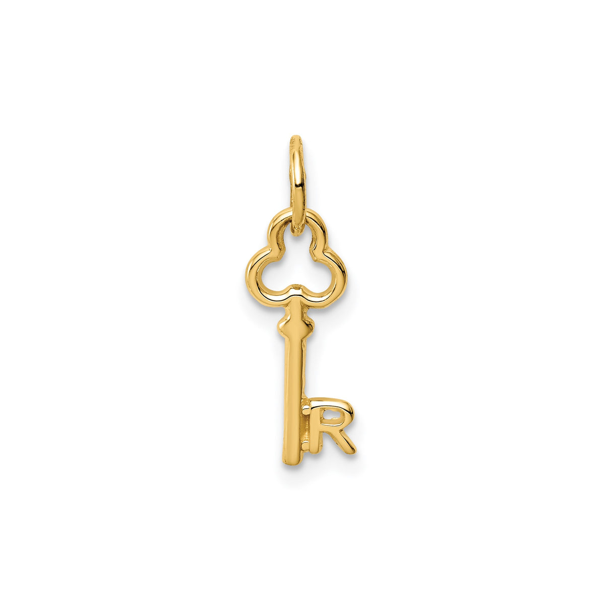 14k Yellow Gold Key Pendant with Letter R, Ornate Skeleton Key Charm