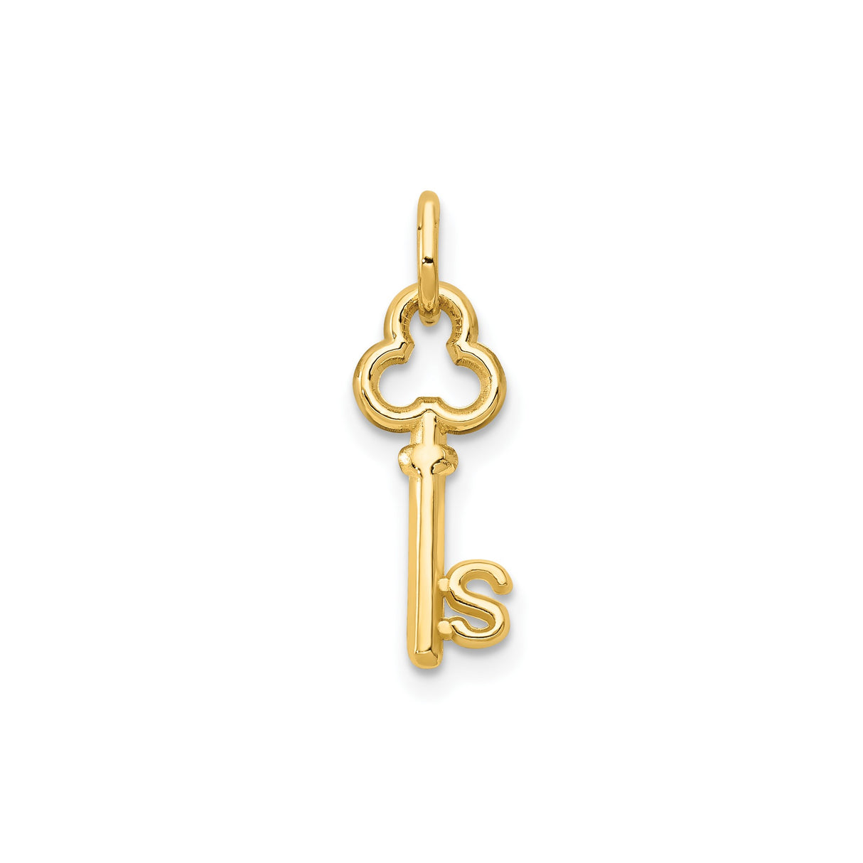 14k Yellow Gold Key Pendant with Clover Top and Letter S Monogram Charm