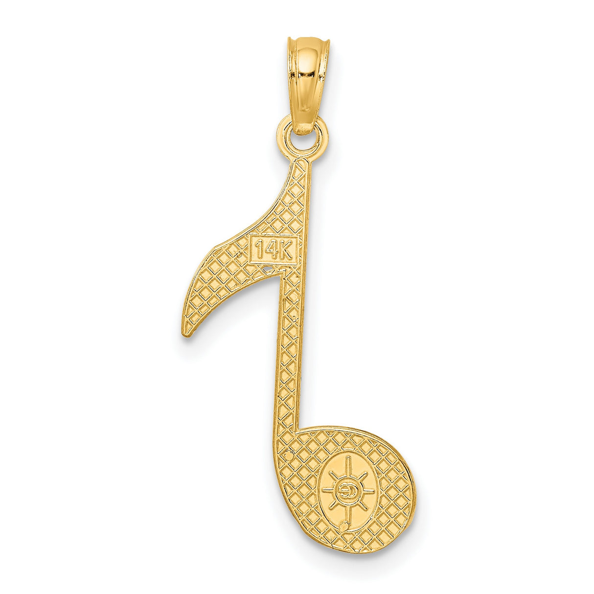 14k Yellow Gold Music Note Pendant with Intricate Scroll Detailing, Treble Clef Charm