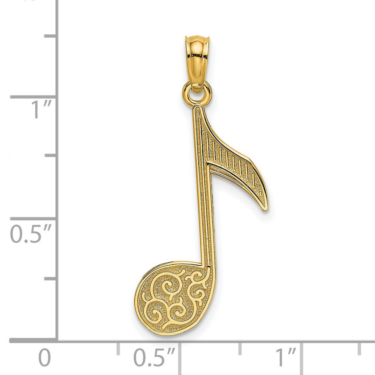 14k Yellow Gold Music Note Pendant with Intricate Scroll Detailing, Treble Clef Charm