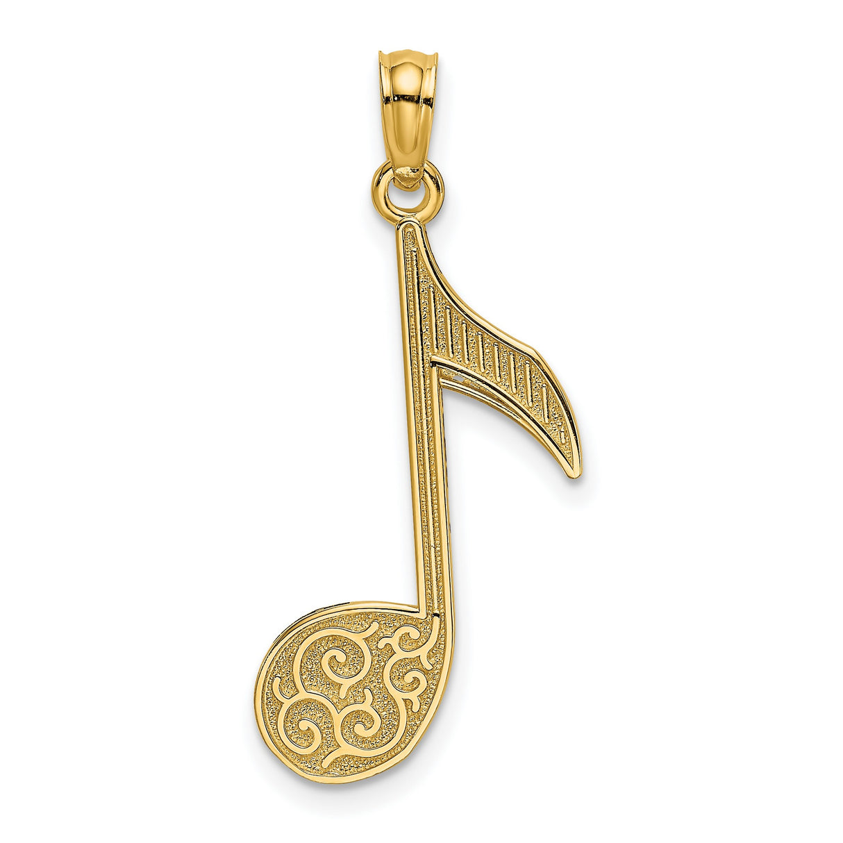 14k Yellow Gold Music Note Pendant with Intricate Scroll Detailing, Treble Clef Charm