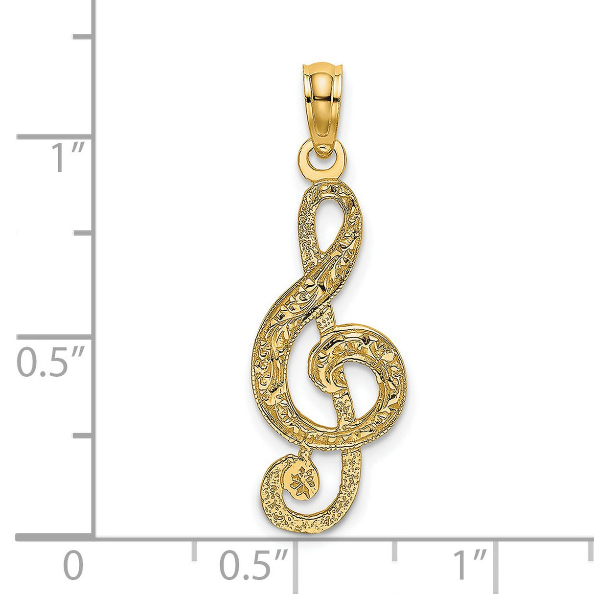 14k Yellow Gold Treble Clef Pendant with Floral Engraving, Music Note Charm for Women or Unisex Wear