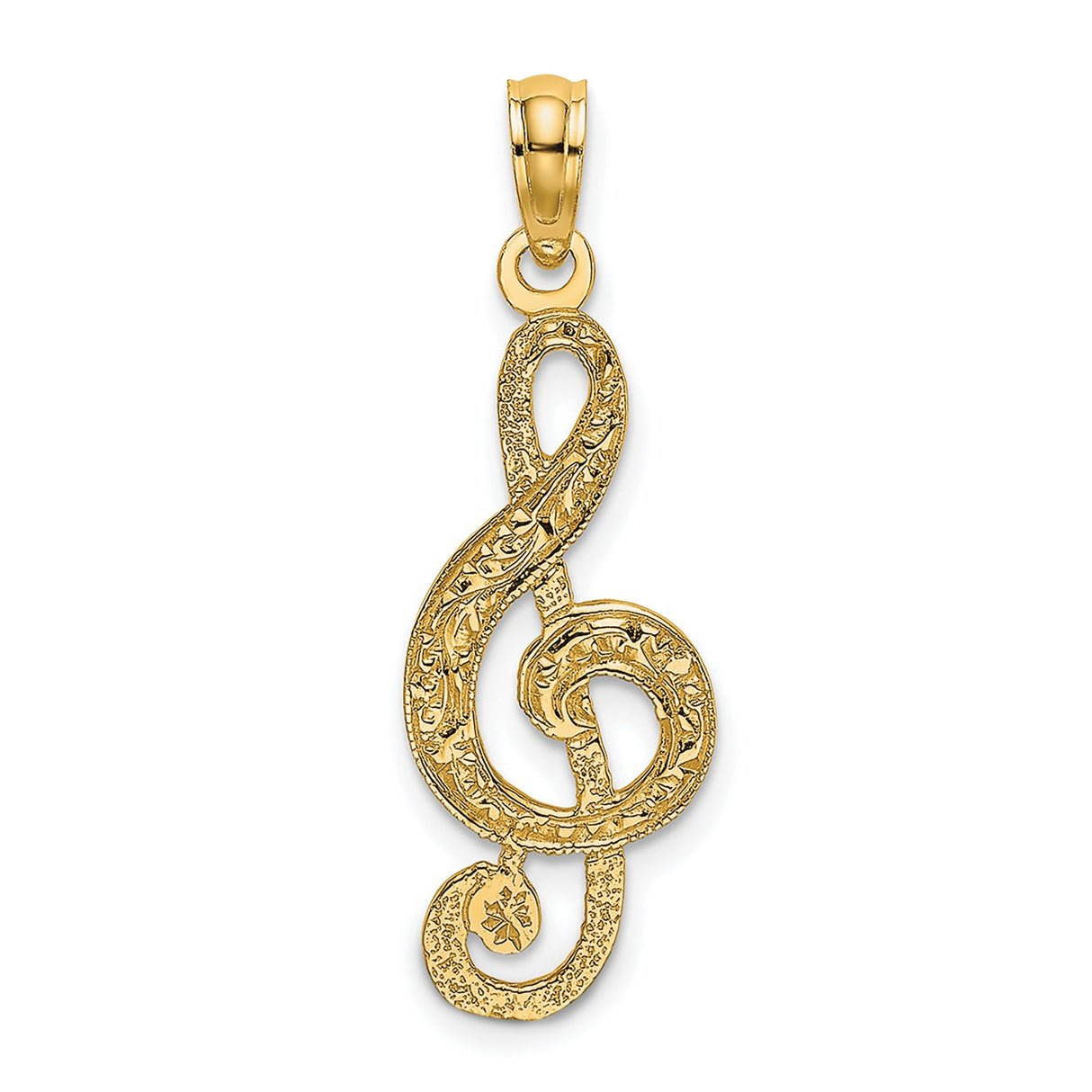 14k Yellow Gold Treble Clef Pendant with Floral Engraving, Music Note Charm for Women or Unisex Wear