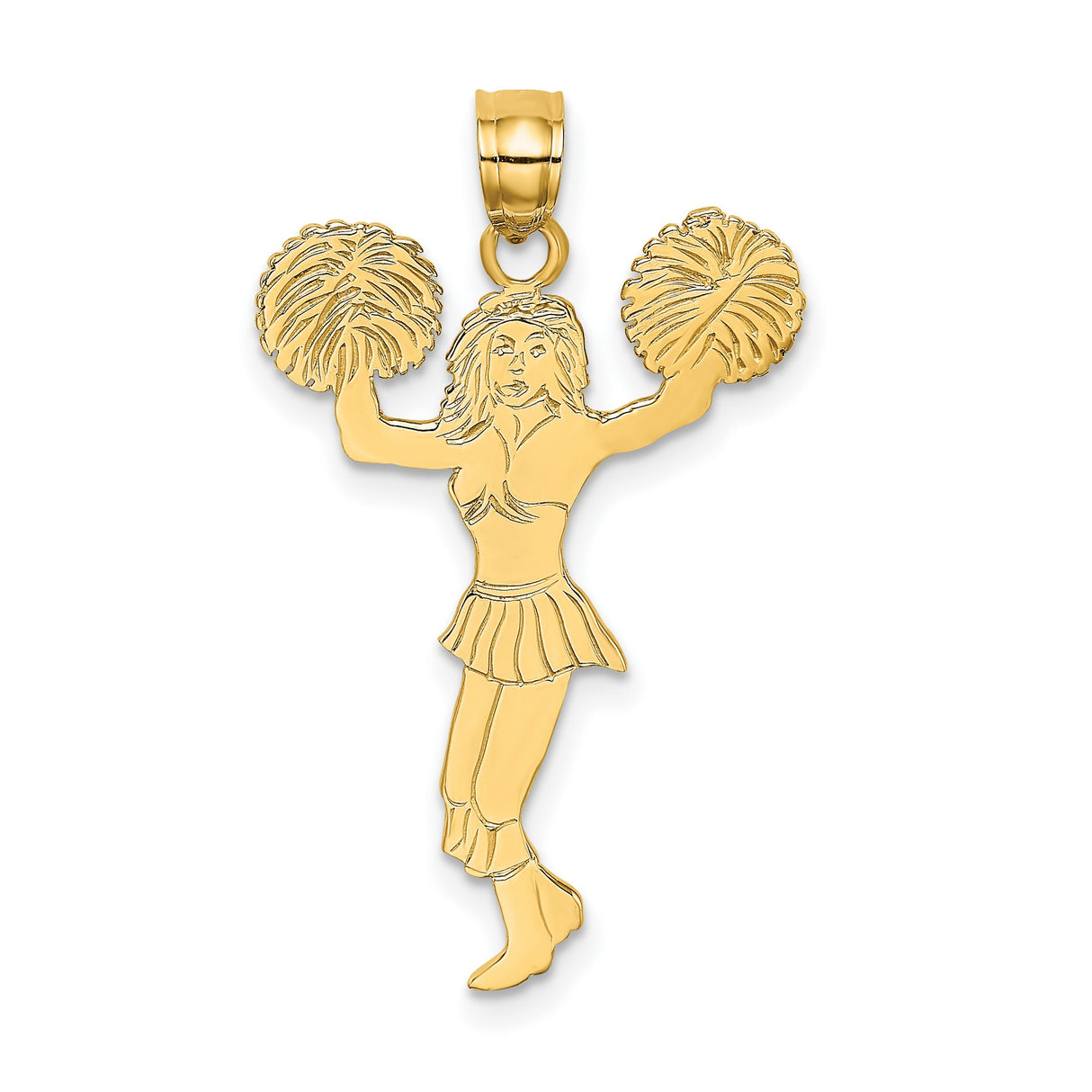 14k Yellow Gold Cheerleader Pendant with Pom-Poms, Sports Charm for Teens or Women