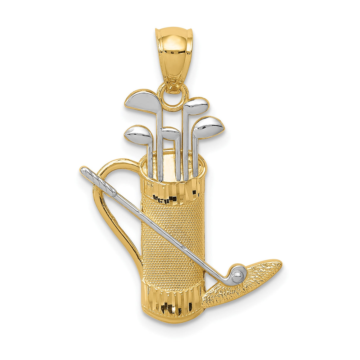 14k Two-Tone Gold Golf Bag Pendant with Textured Golf Clubs Design