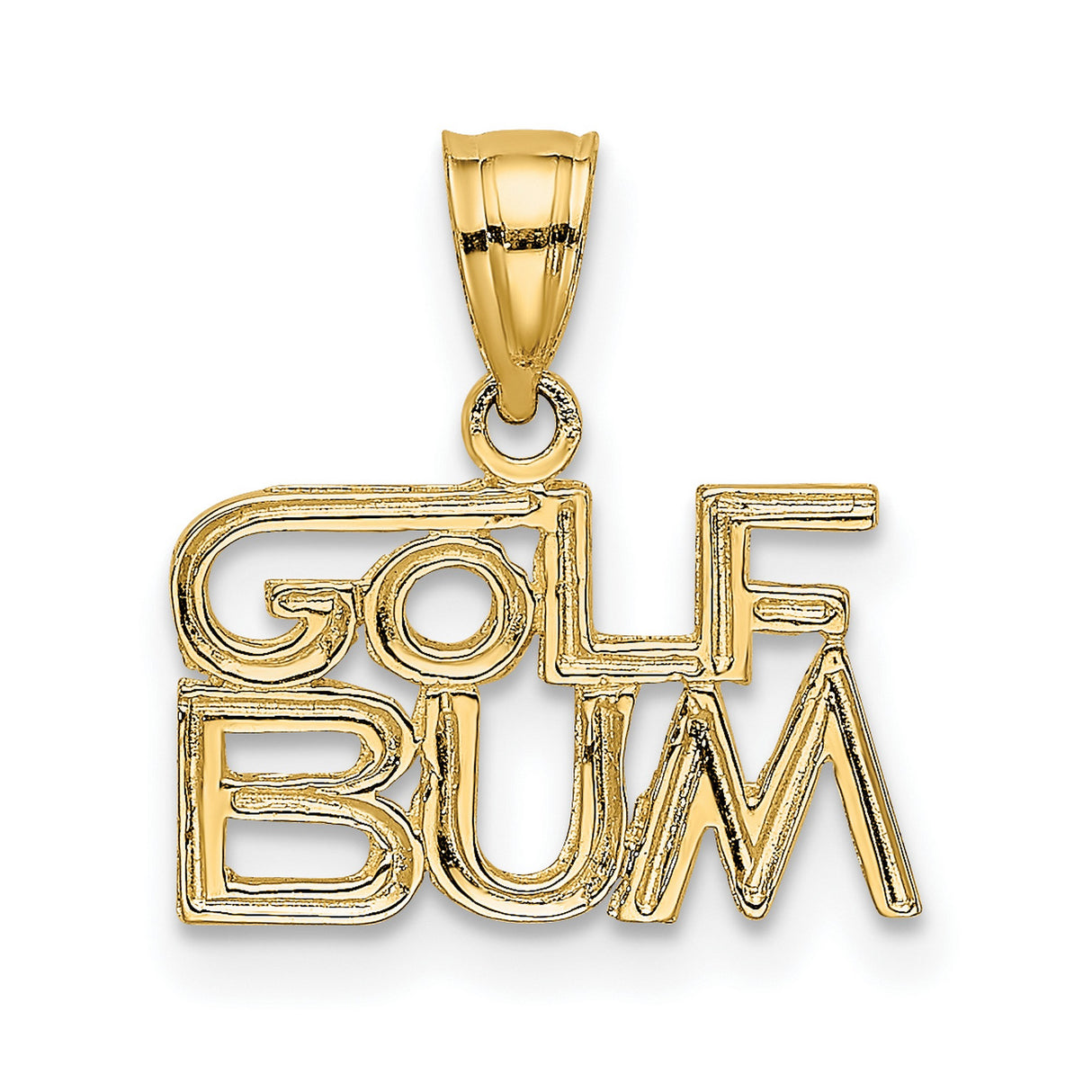 14k Yellow Gold Golf Bum Pendant, Bold Stylized Golf Word Charm for Men or Women