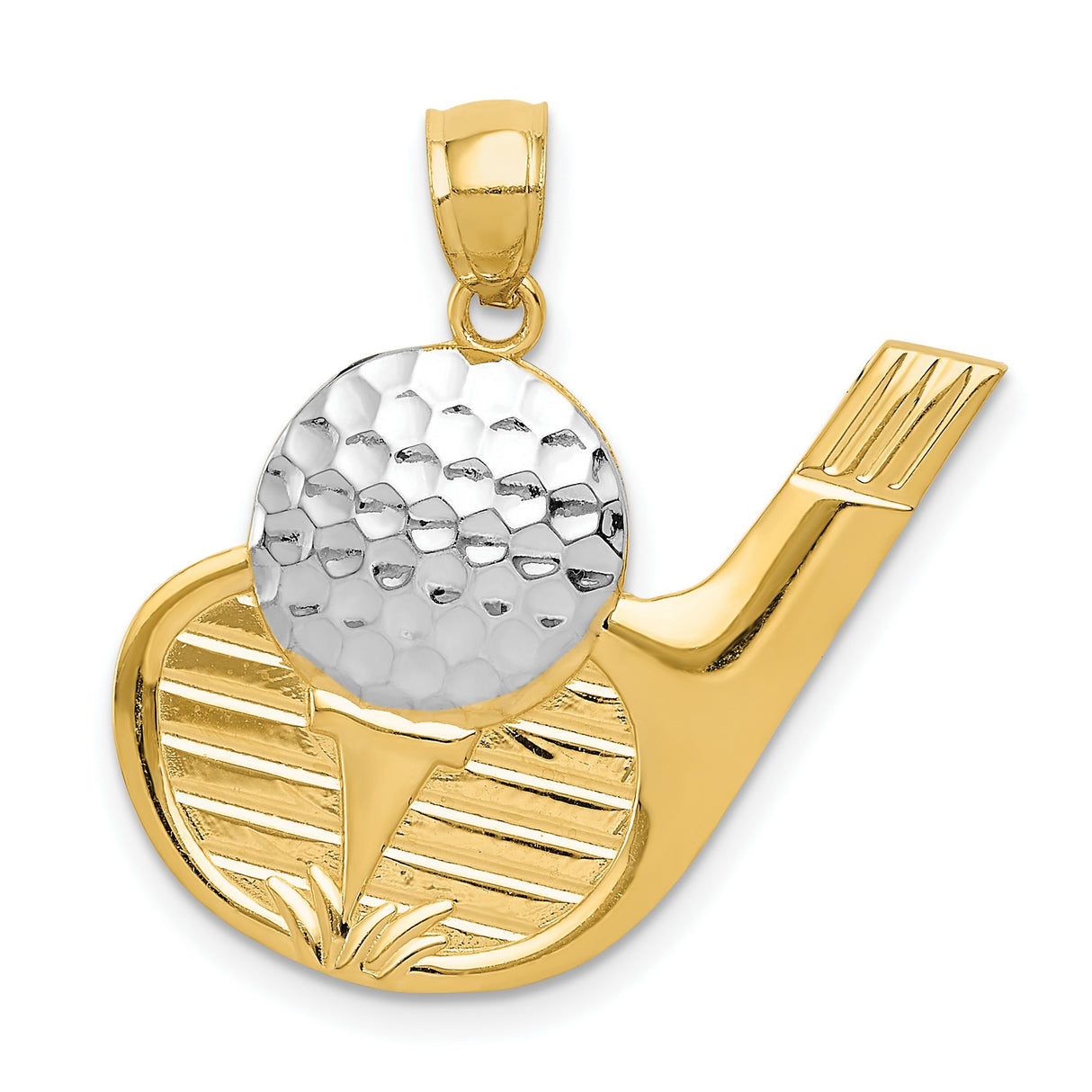 14k Yellow and Rhodium Gold Golf Club Pendant with Textured Ball and Tee Detailing