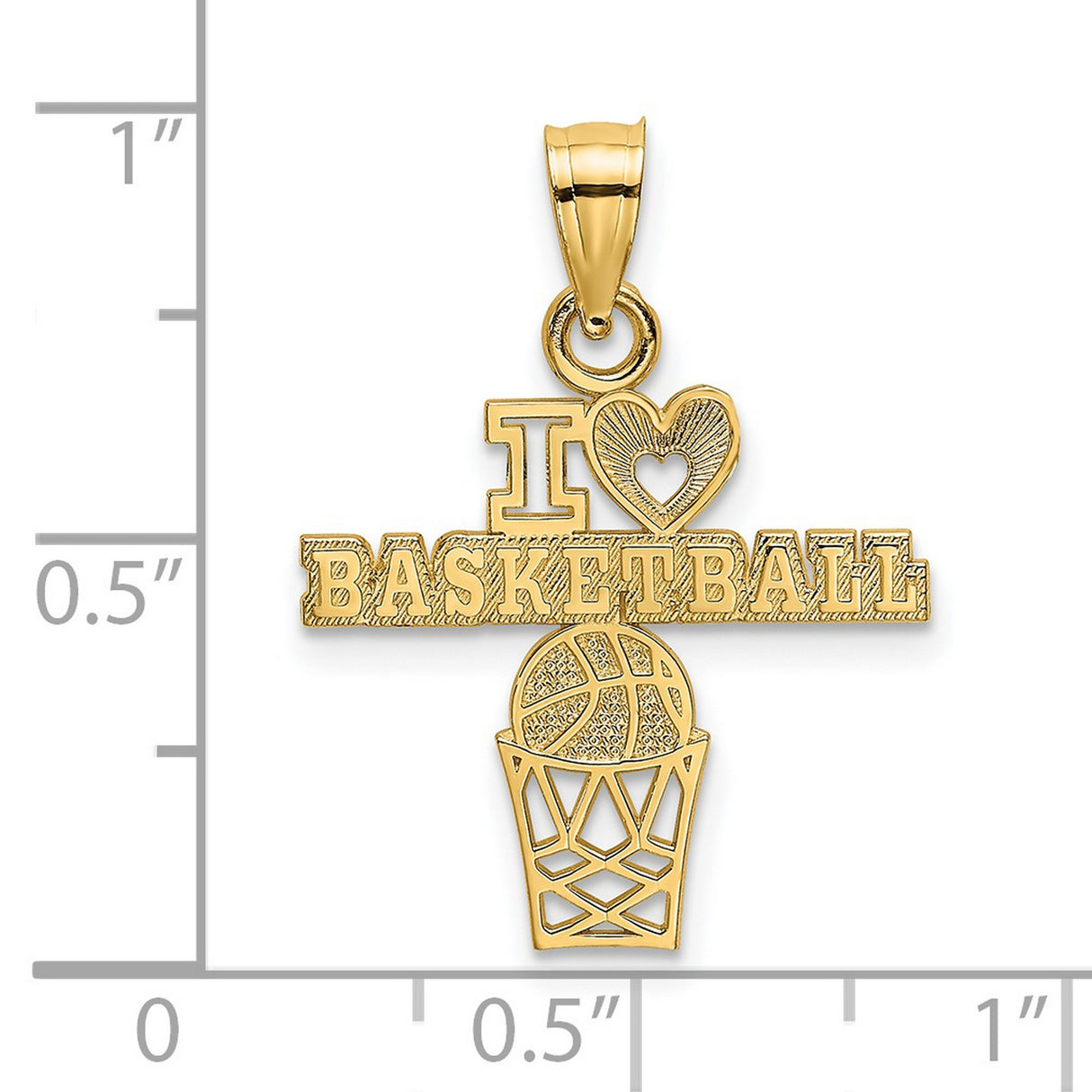 14k Yellow Gold Basketball Pendant with Heart and Hoop Design, Sports Charm for Men or Women