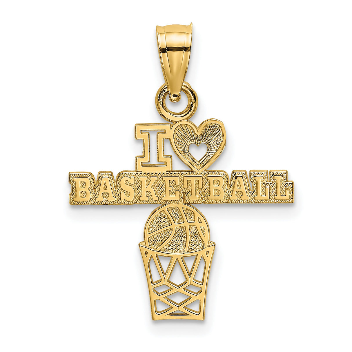 14k Yellow Gold Basketball Pendant with Heart and Hoop Design, Sports Charm for Men or Women