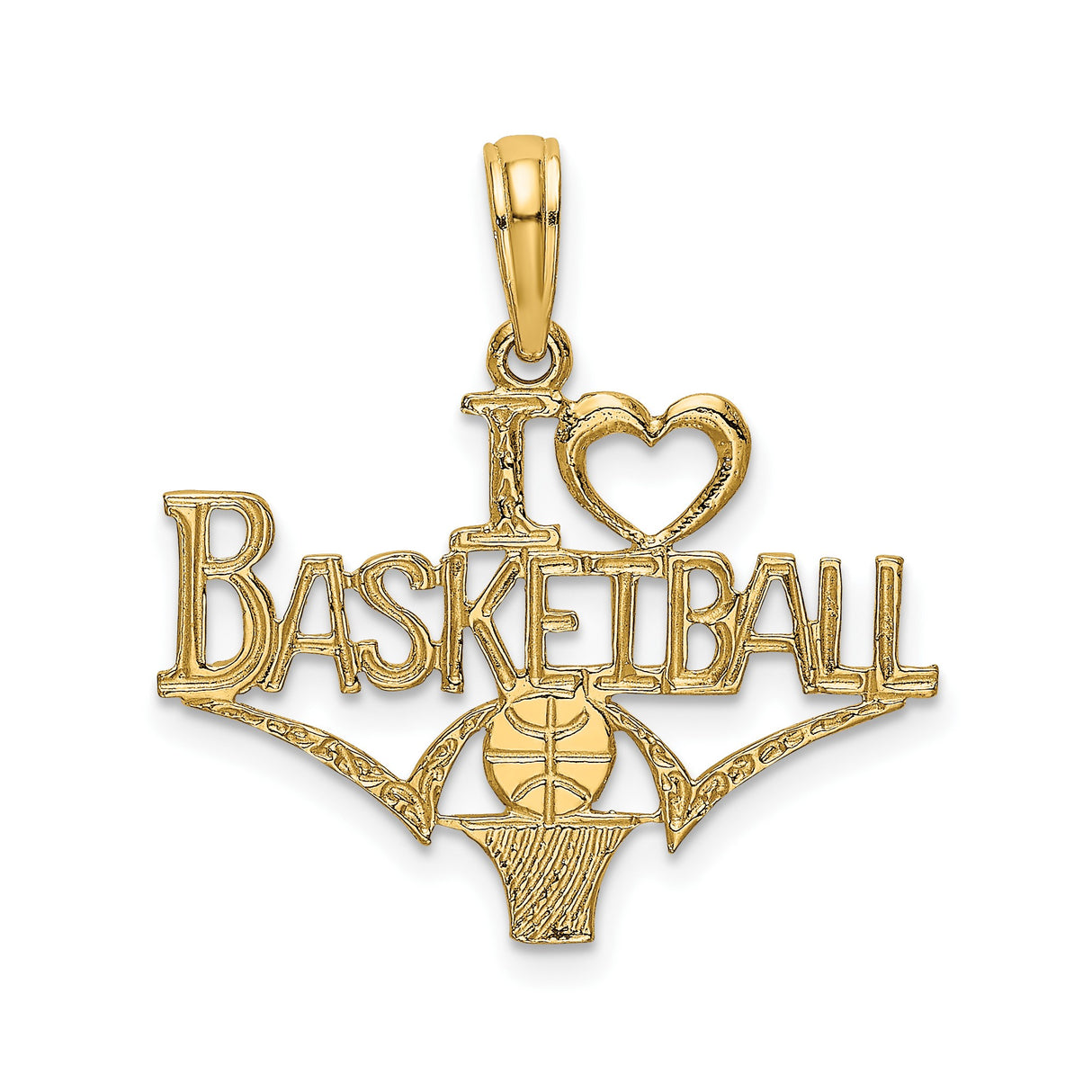 14k Yellow Gold Basketball Pendant with Heart and Hoop Design, Unisex Sports Charm