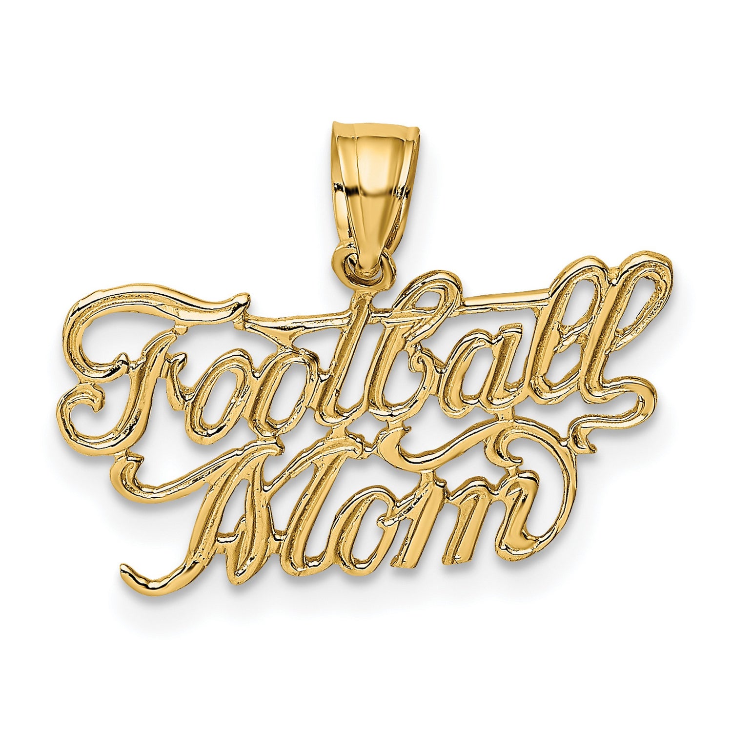 14k Yellow Gold Football Mom Pendant with Script Lettering, Sports Charm for Women