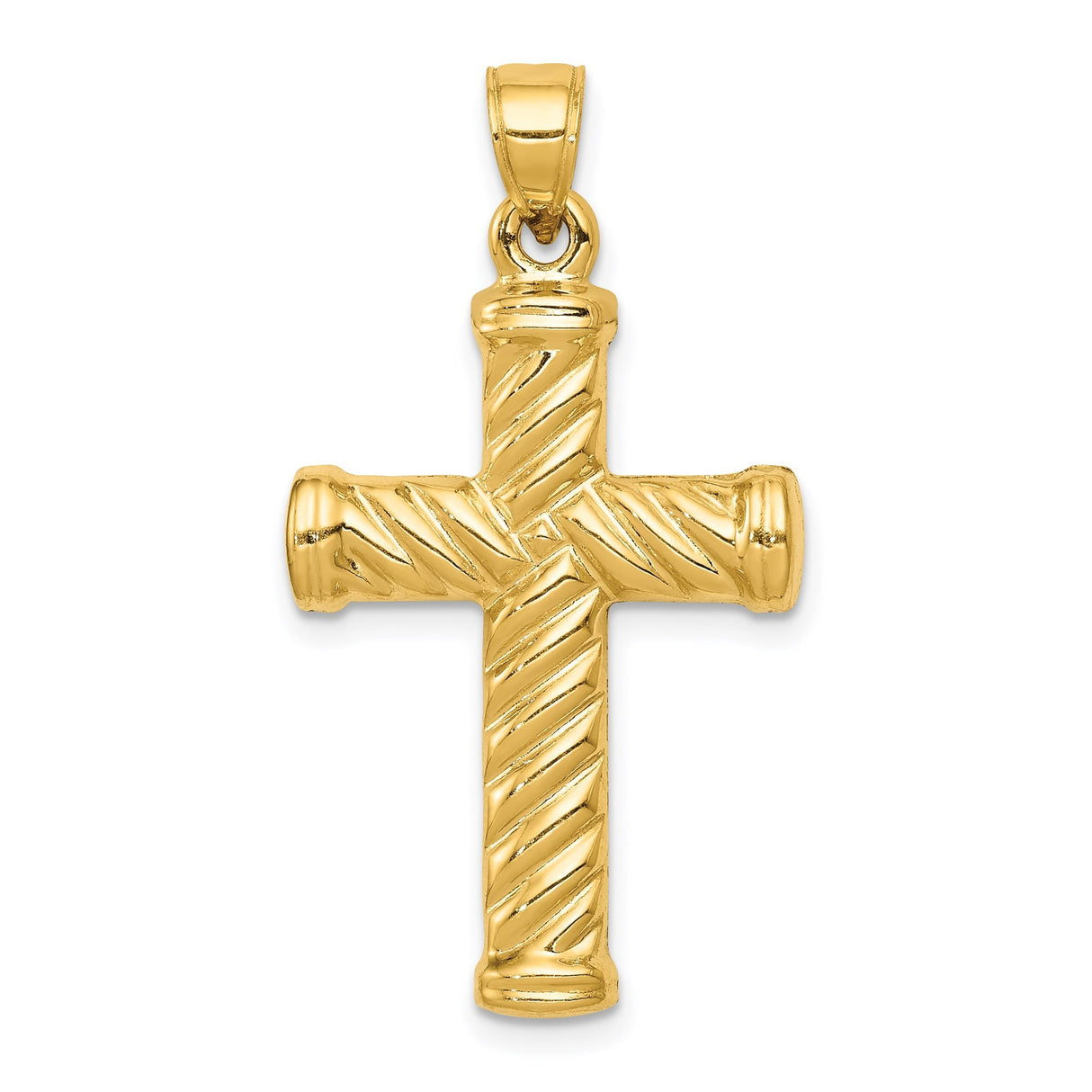 14k Yellow Gold Latin Cross Pendant with Textured Rounded Edges and Polished Finish