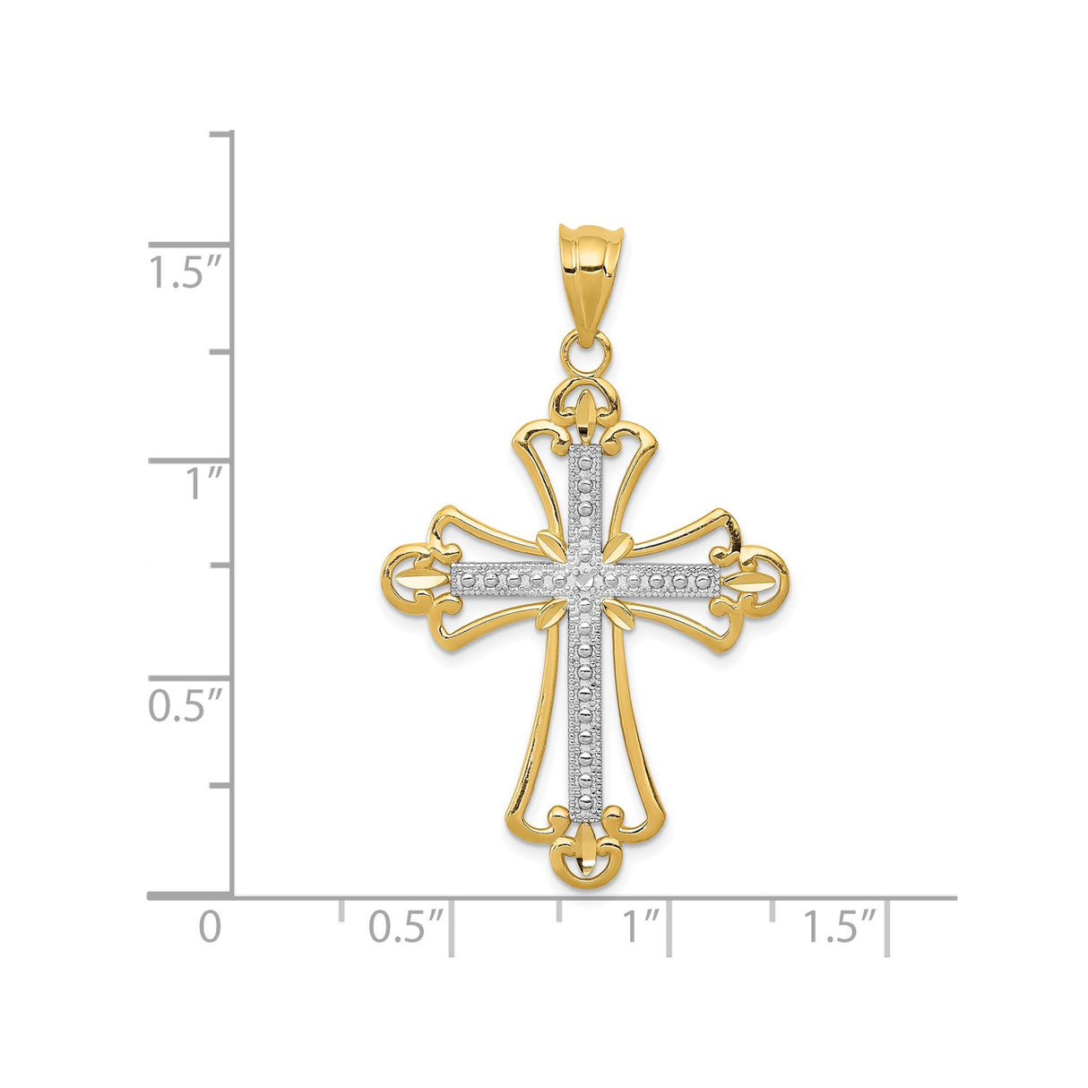 14k Multi-Tone Gold Textured Cross Pendant with Fleur de Lis Design