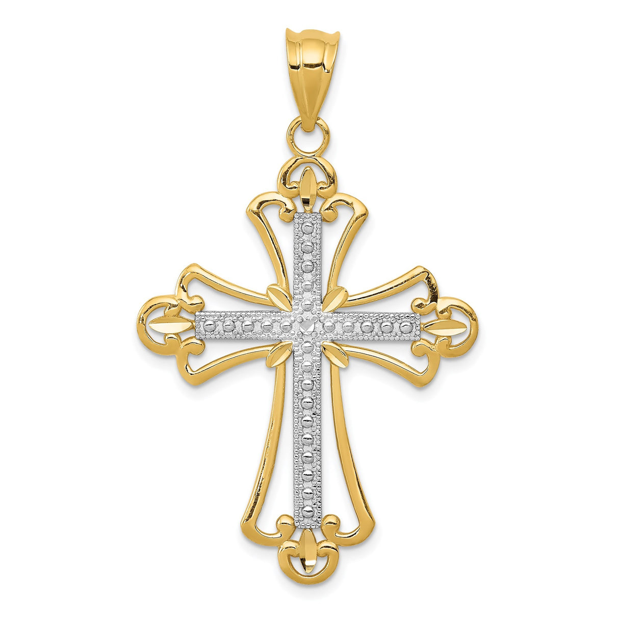 14k Multi-Tone Gold Textured Cross Pendant with Fleur de Lis Design