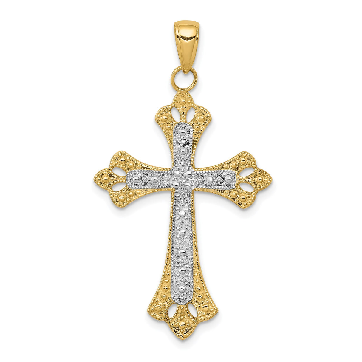 14k Multi-Tone Gold Filigree Cross Pendant with Fleur De Lis Design for Men and Women