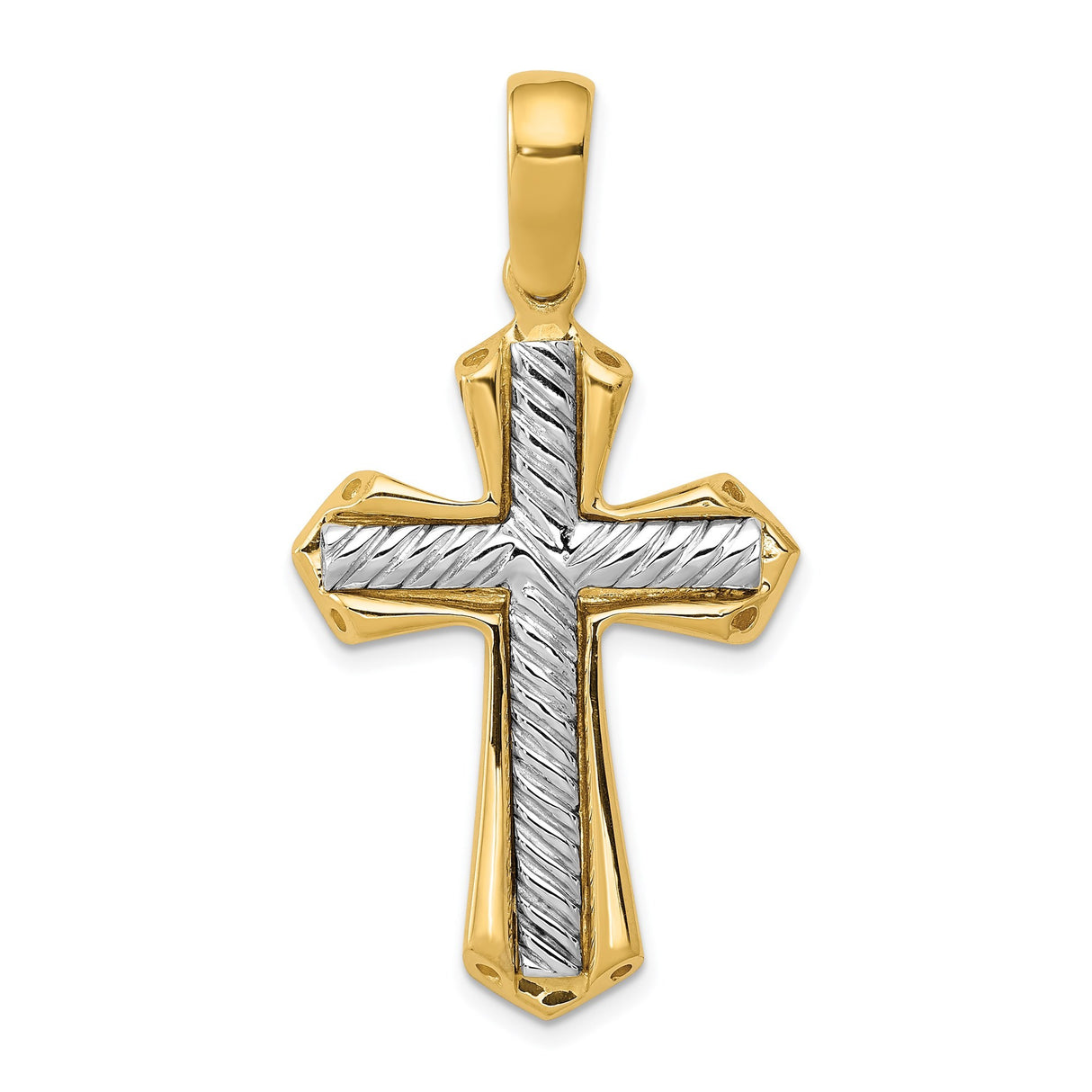 14k Two-Tone Gold Cross Pendant Charm with Polished Beveled Edge Design