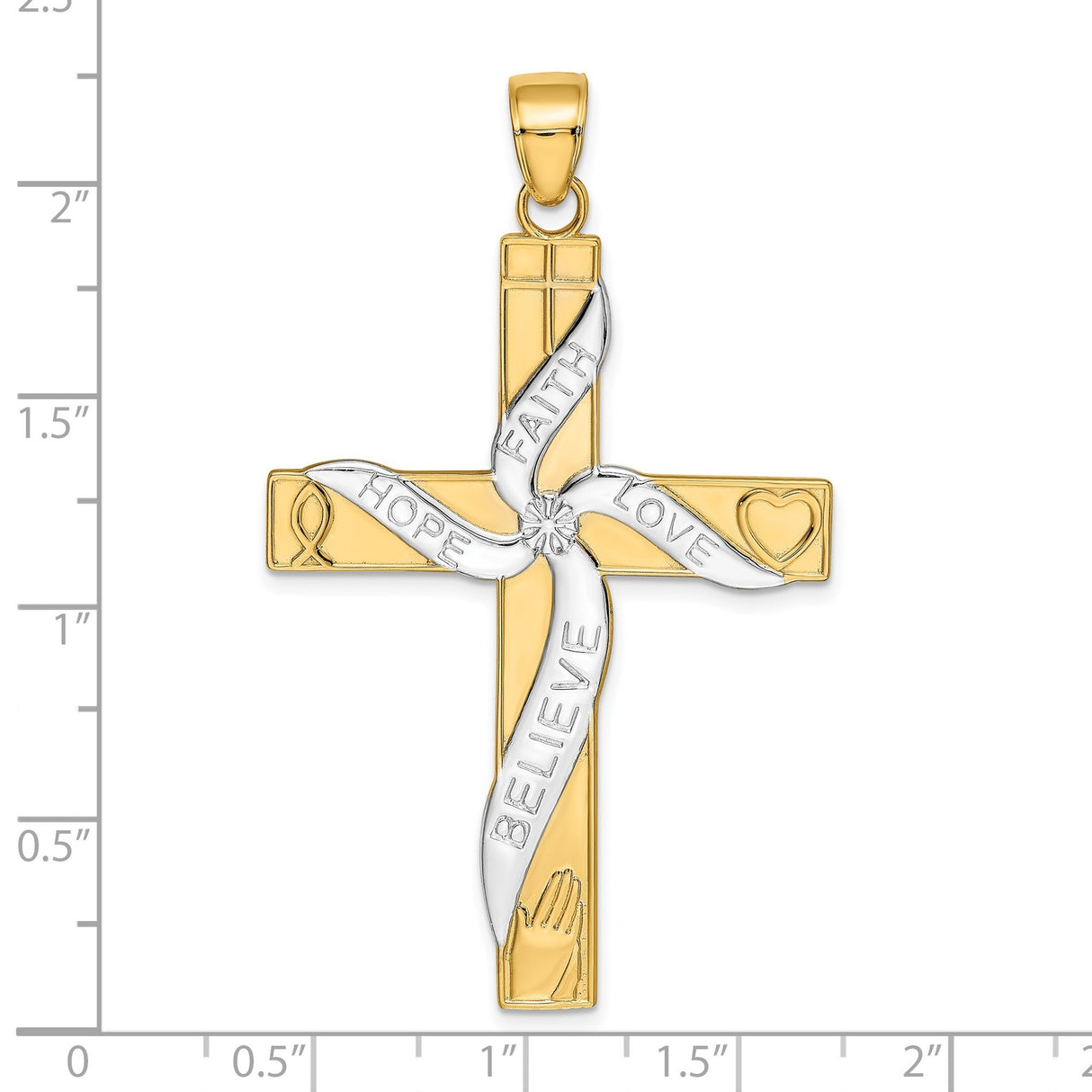 14k Multi-Tone Gold Latin Cross Pendant with Praying Hands Religious Charm