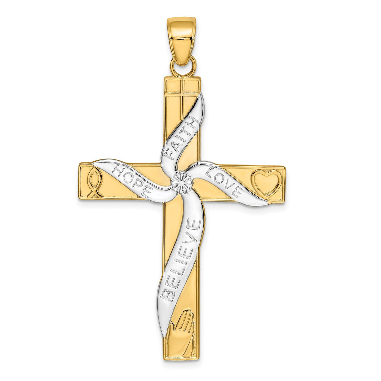 14k Multi-Tone Gold Latin Cross Pendant with Praying Hands Religious Charm