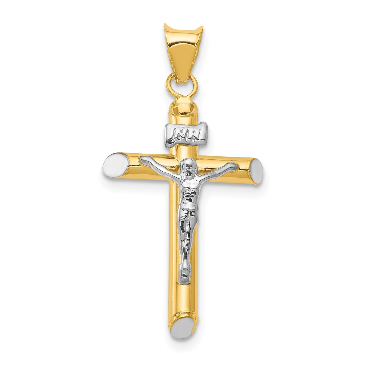 14k Multi-Tone Gold Crucifix Pendant, Classic Latin Cross with Rhodium Tips, Religious Charm