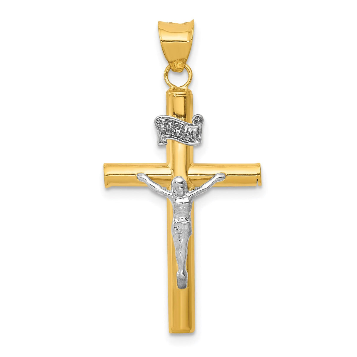 14k Two-Tone Gold Crucifix Pendant, INRI Latin Cross Charm, Religious Jewelry for Men and Women