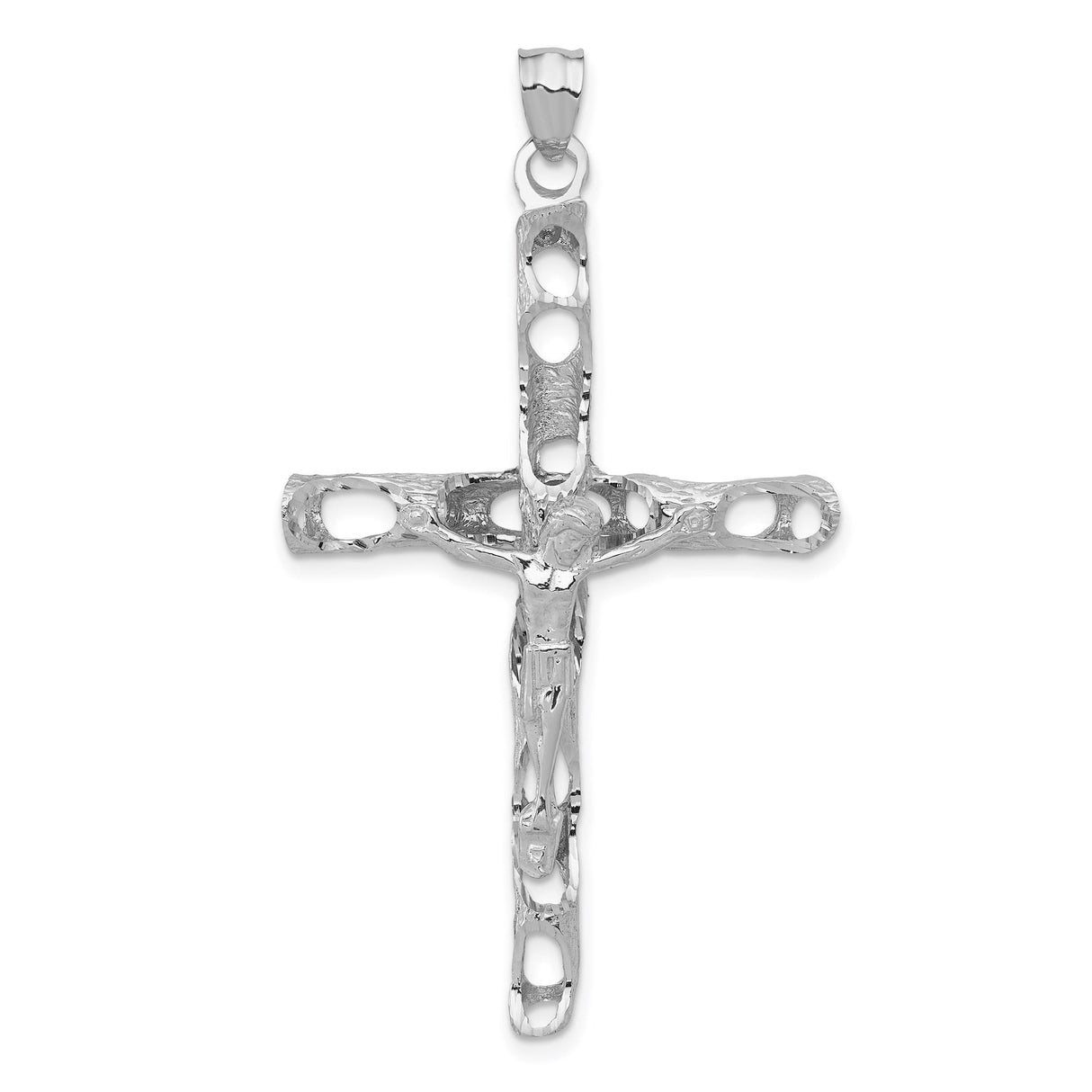 14k White Gold Crucifix Pendant with Latin Cross and Christ Figure High Polish Design