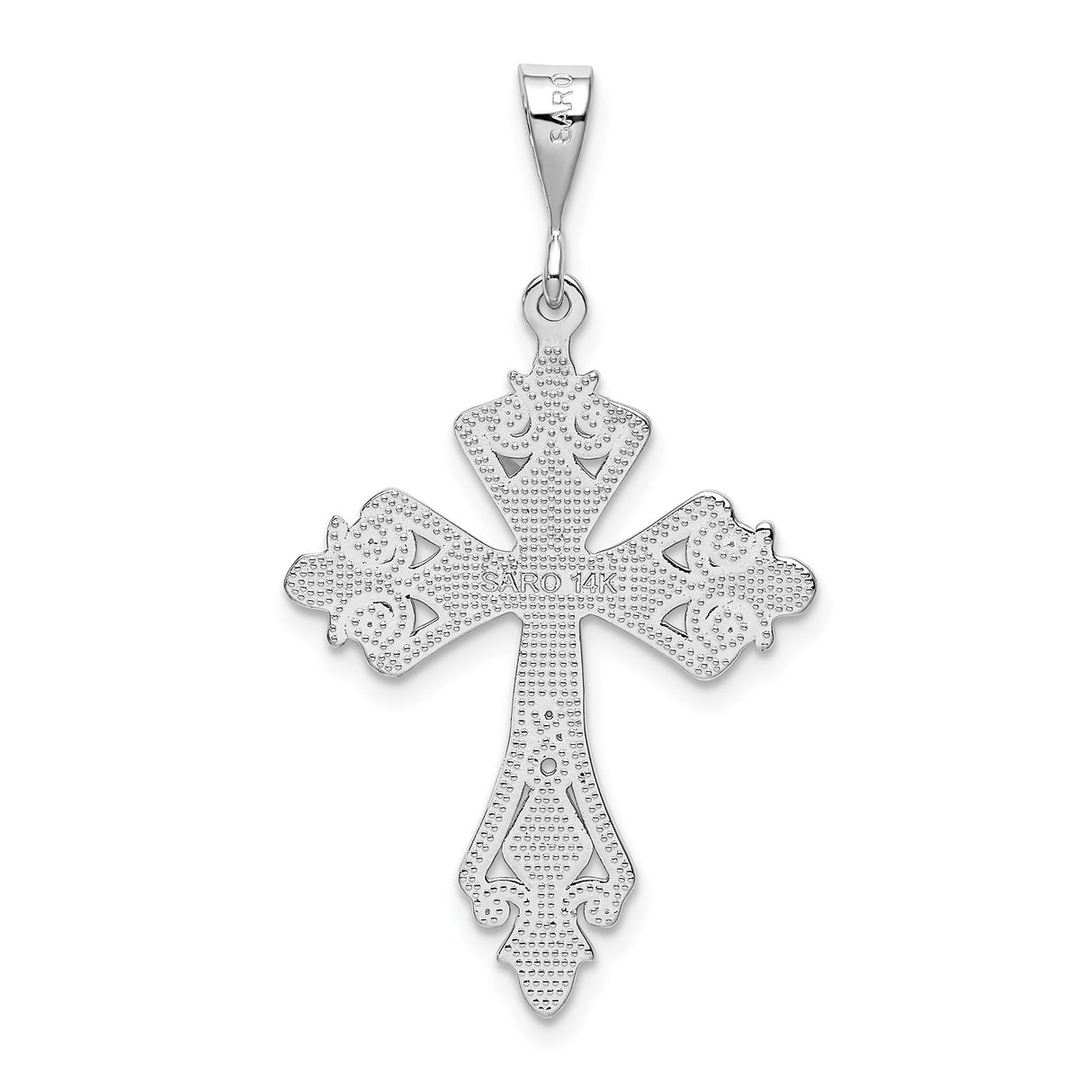 14k White Gold Fleur Cross Pendant with Textured Detail and Shine Finish