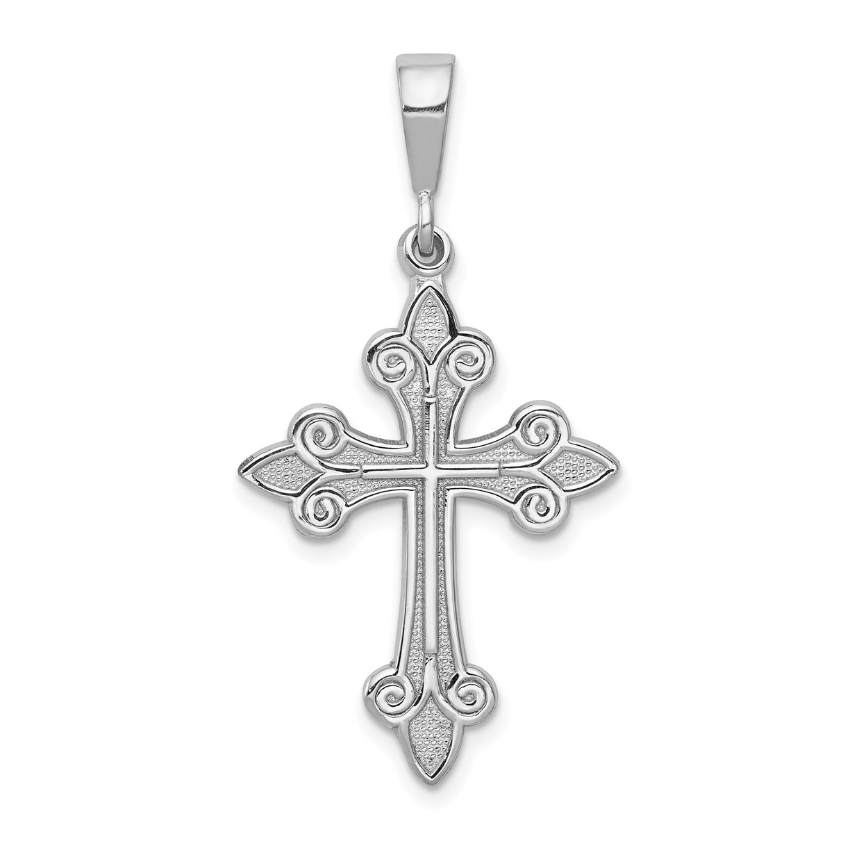 14k White Gold Fleur Cross Pendant with Textured Detail and Shine Finish