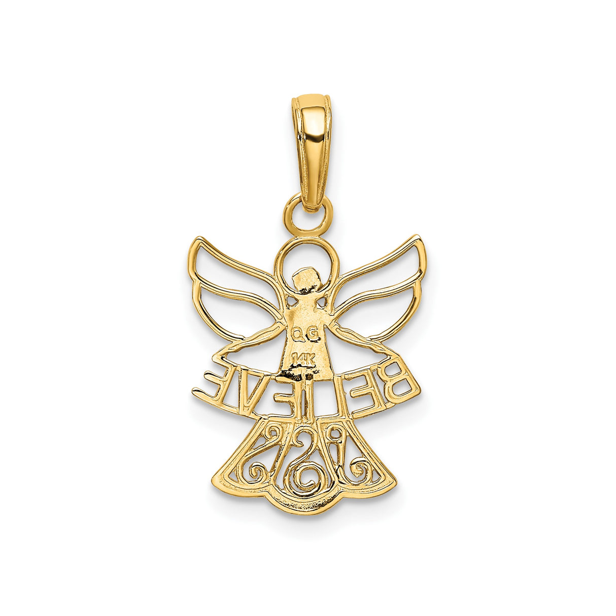 14k Multi-Tone Gold Angel Pendant with Believe Word, Christian Faith Jewelry