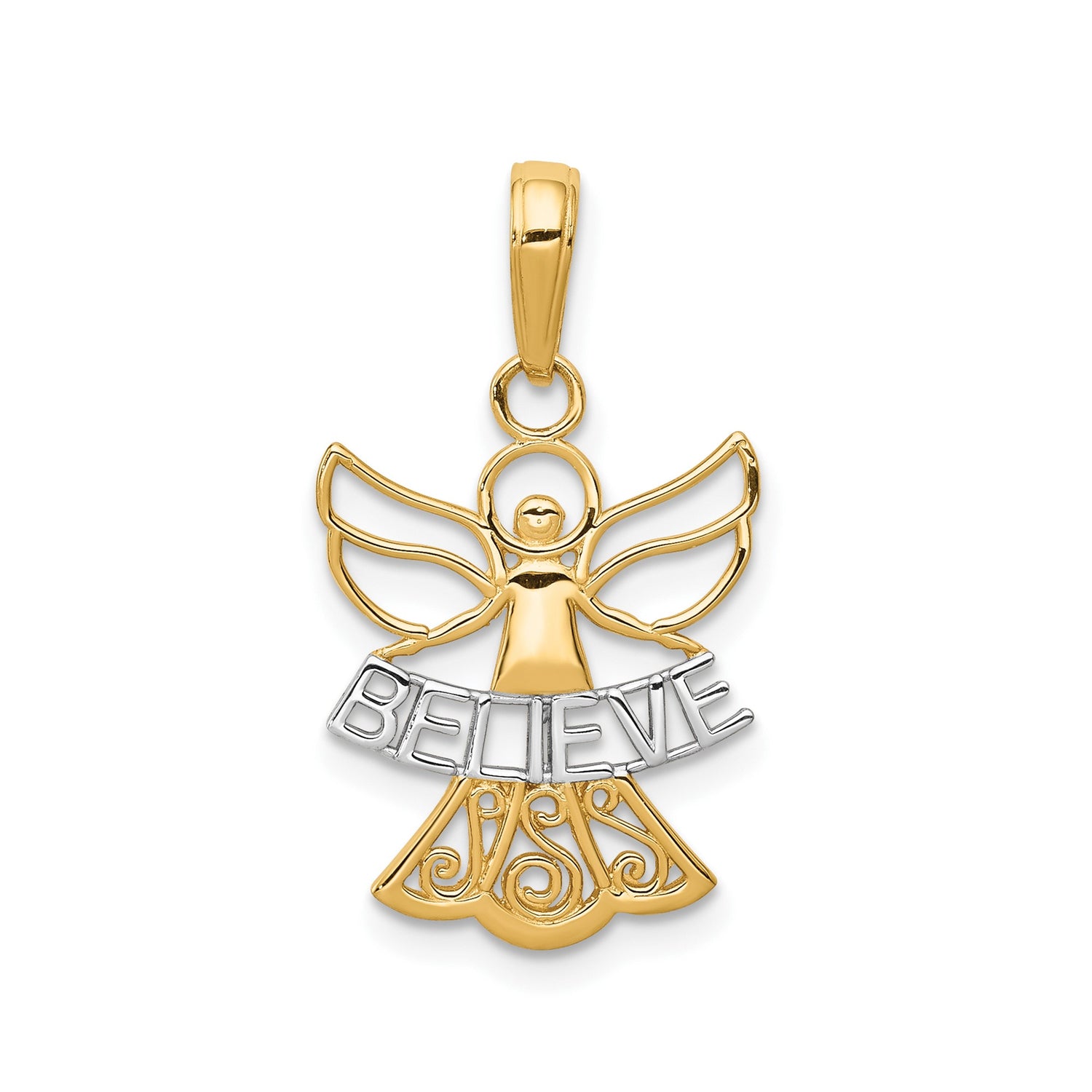 14k Multi-Tone Gold Angel Pendant with Believe Word, Christian Faith Jewelry