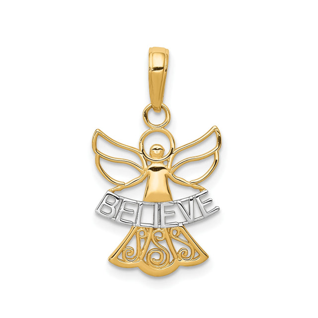 14k Multi-Tone Gold Angel Pendant with Believe Word, Christian Faith Jewelry