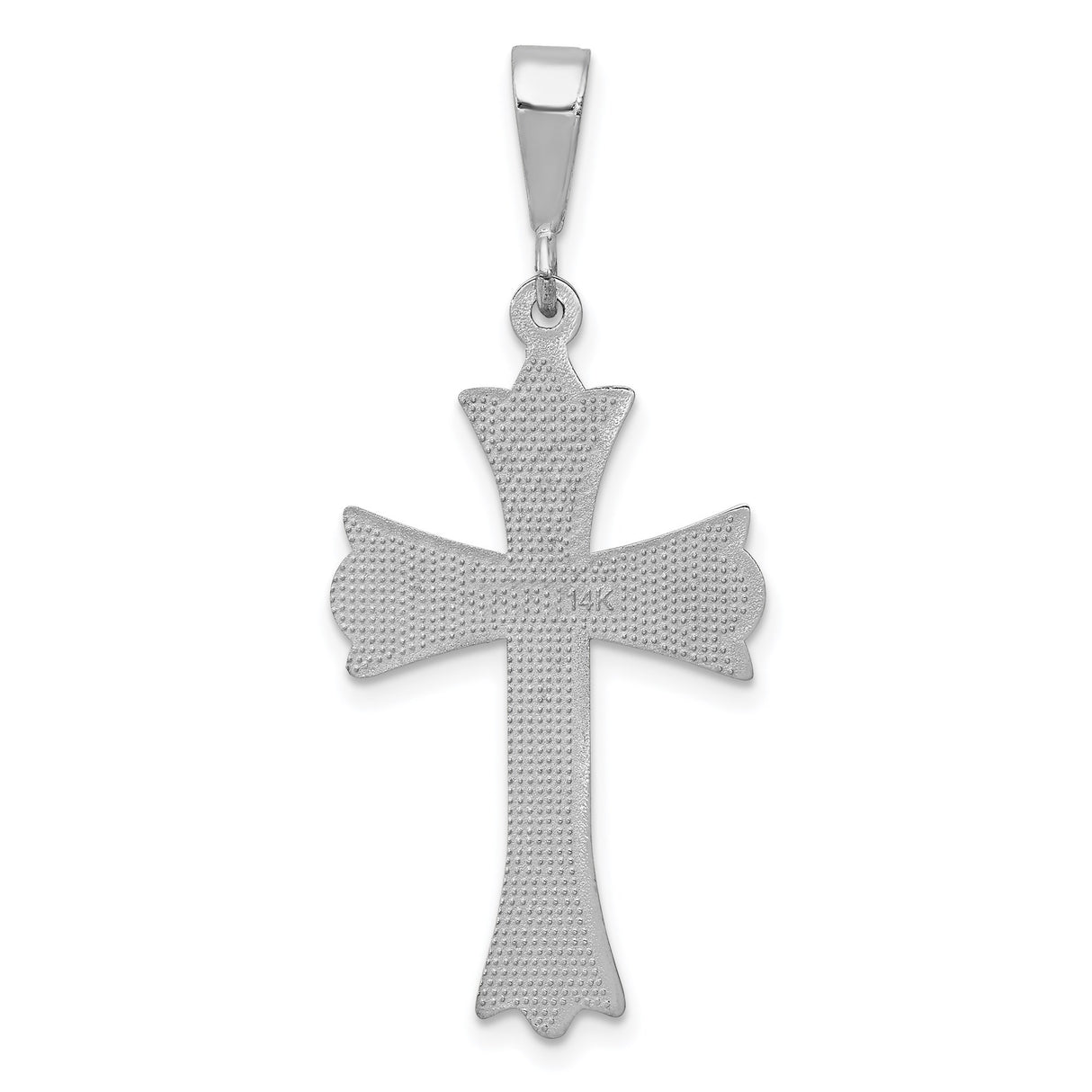 14k White Gold Cross Pendant with Fleur de Lis Design and Flared Edges for Men and Women