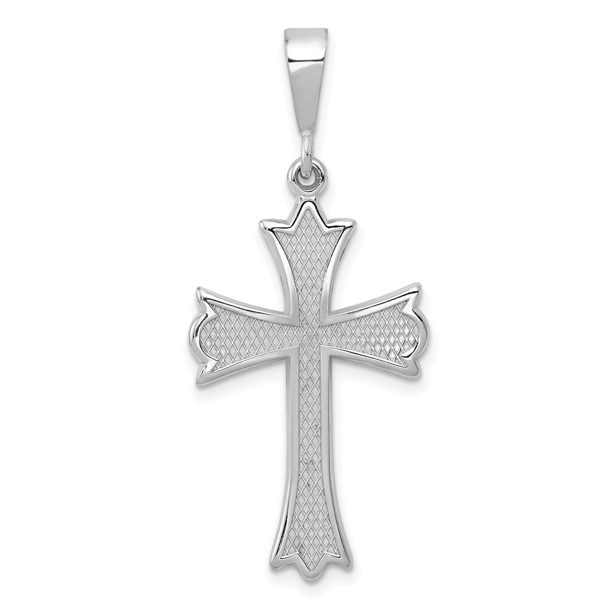 14k White Gold Cross Pendant with Fleur de Lis Design and Flared Edges for Men and Women