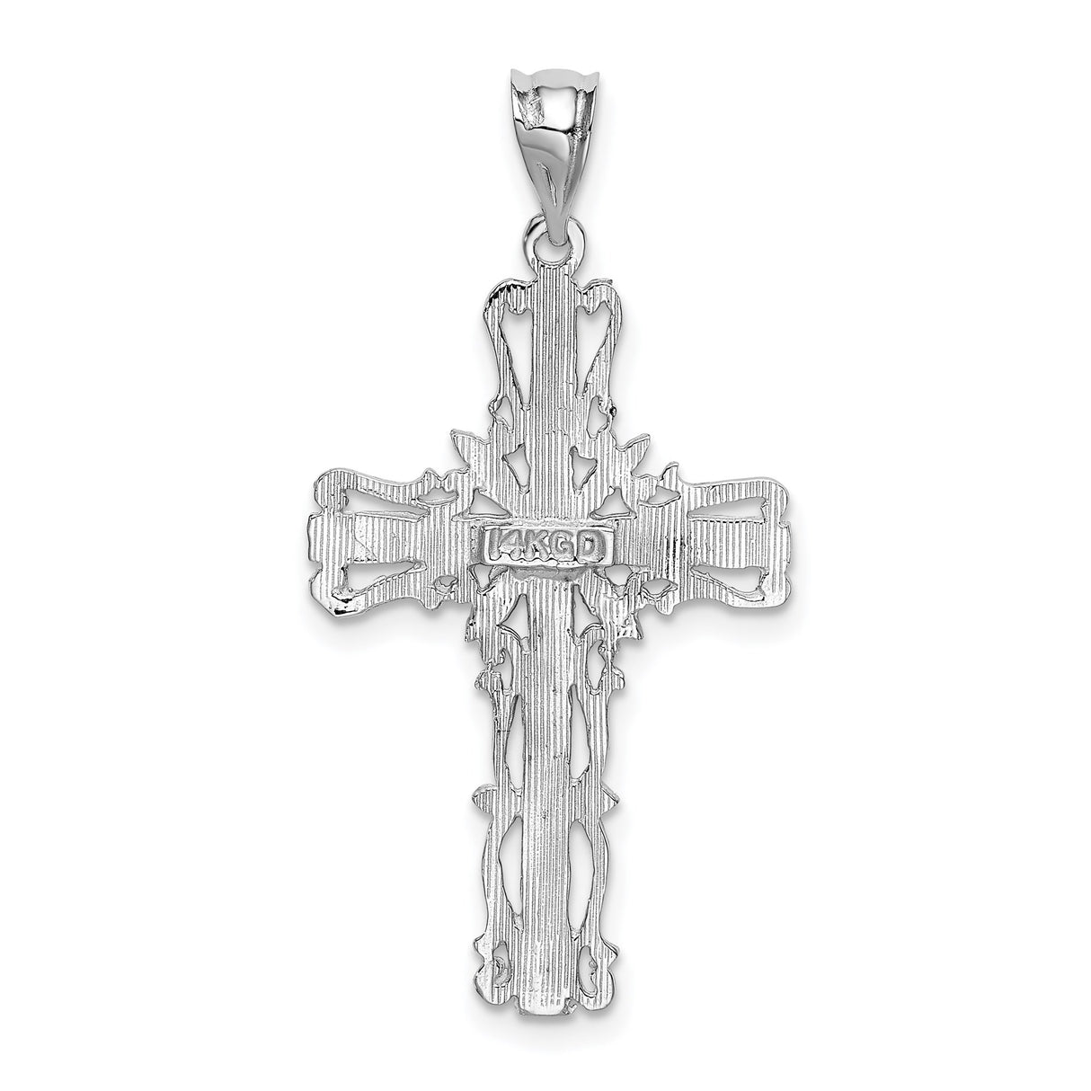 14k White Gold Cross Pendant with Filigree Scroll Design and Millgrain Detailing