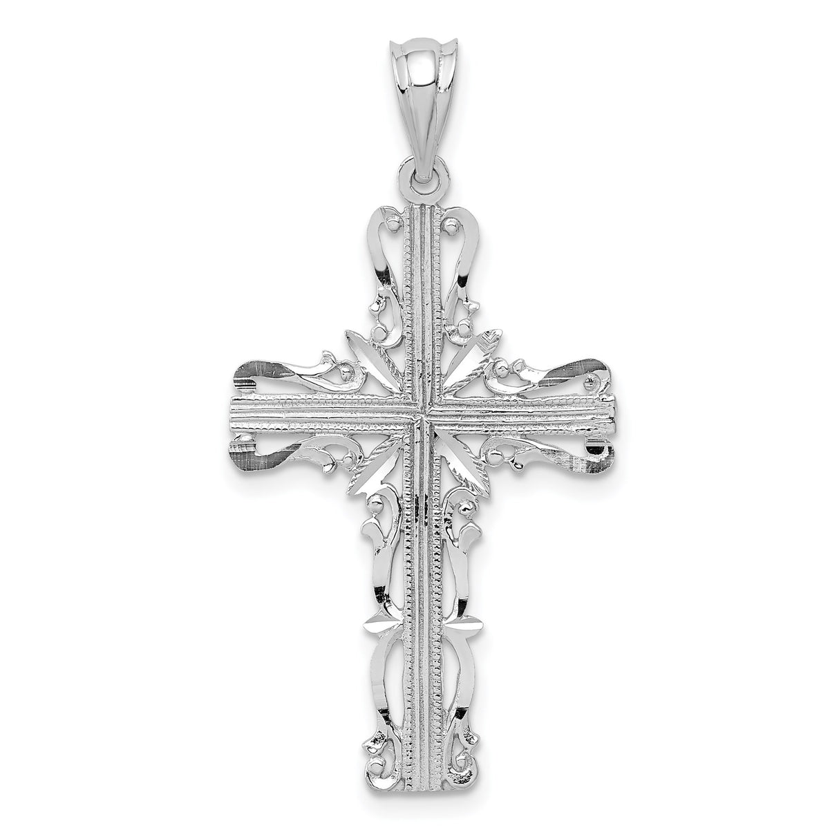 14k White Gold Cross Pendant with Filigree Scroll Design and Millgrain Detailing