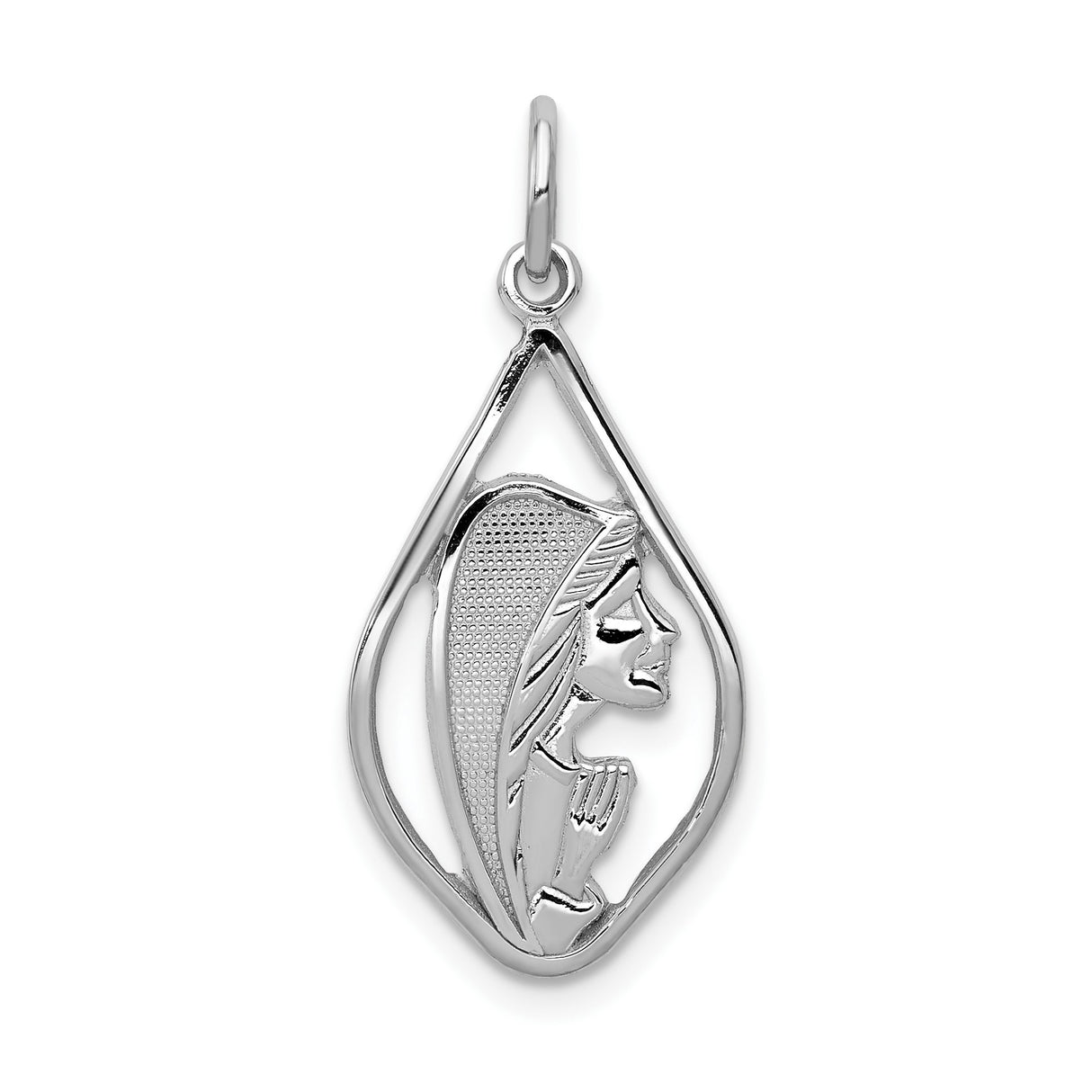 14k White Gold Virgin Mary Pendant, Teardrop Frame Religious Charm, Catholic Christian Jewelry